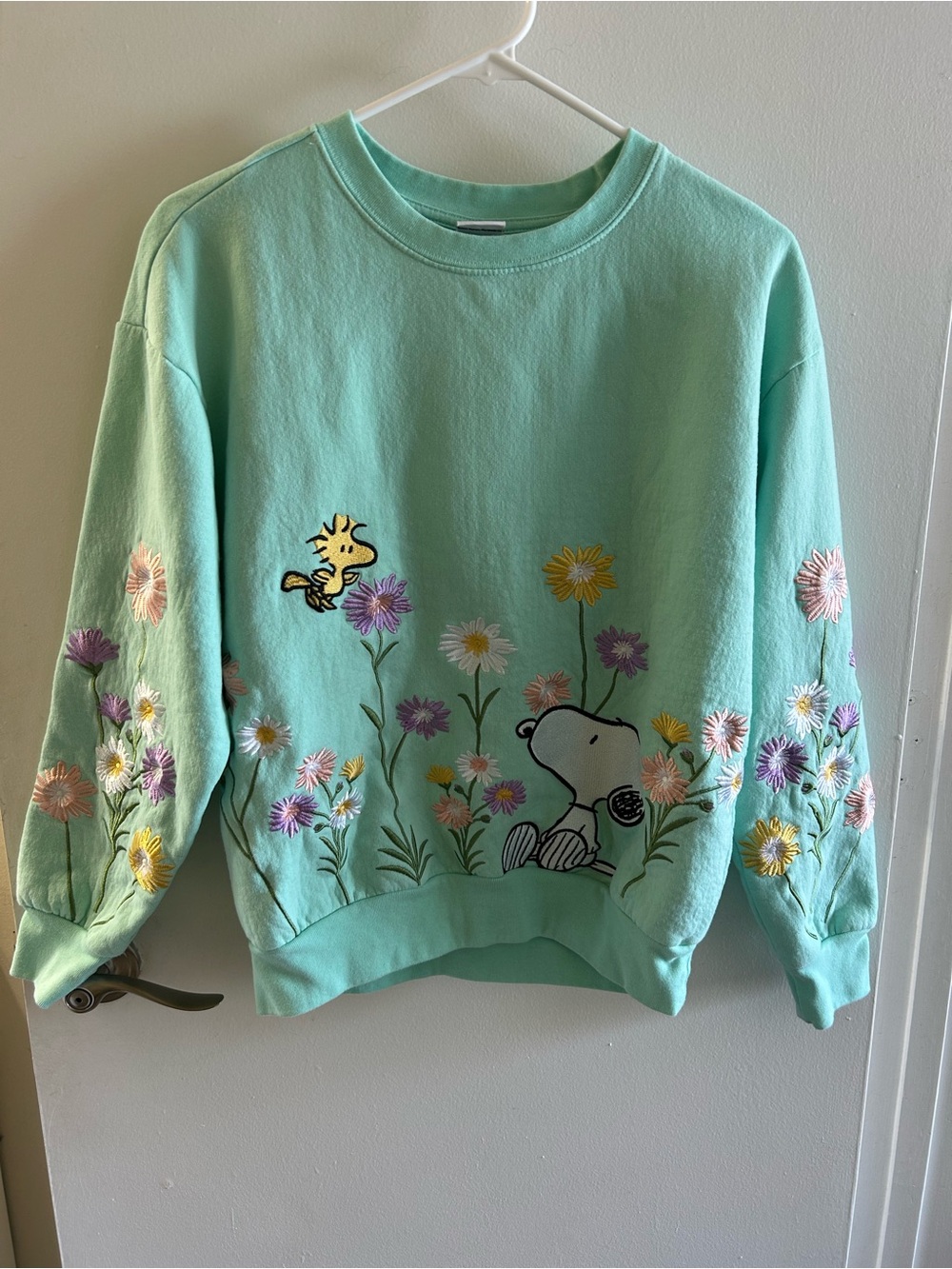 Peanuts Mint Crewneck Sweater with Embroidered Snoopy and Floral Detail